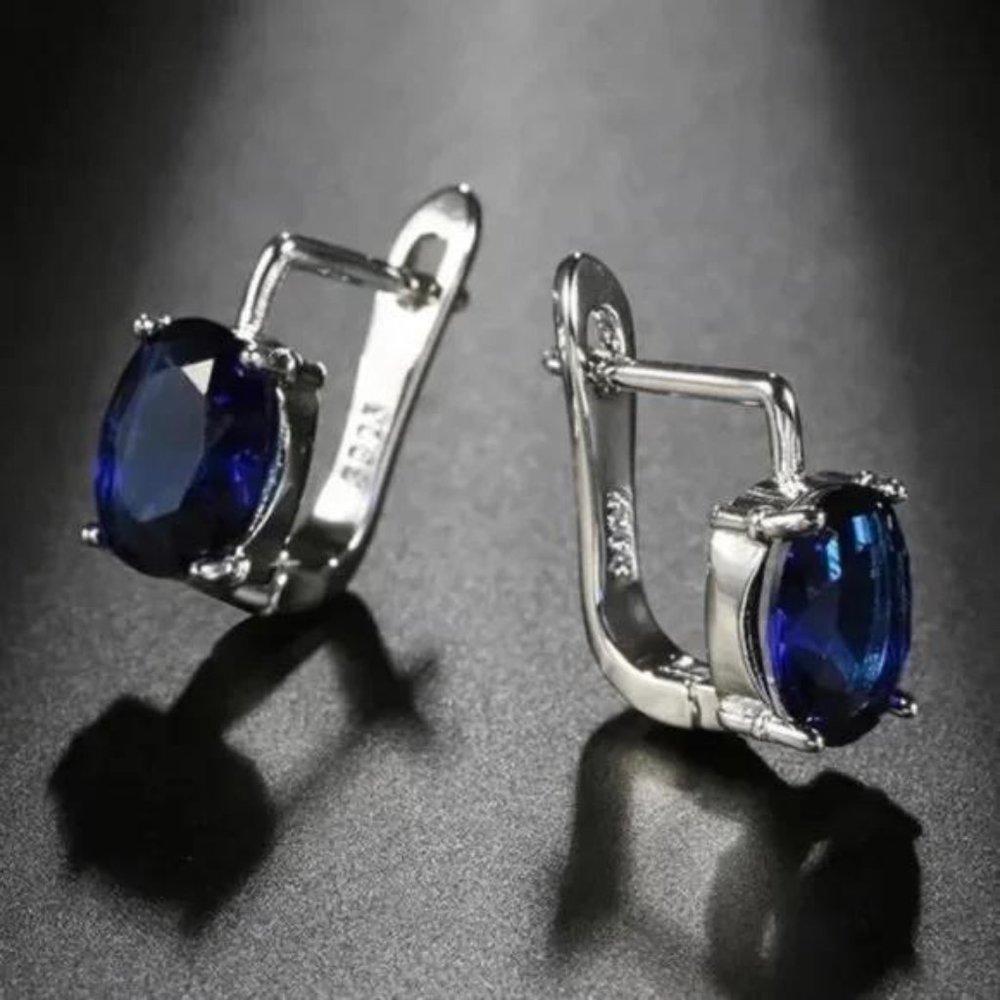OVAL DARK BLUE DIAMOND 925 STERLING SILVER EARRINGS, CUTE EARRINGS, WOW EARRINGS - Picture 2 of 3
